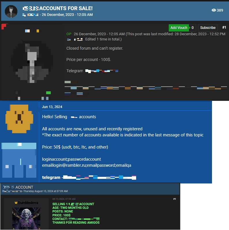 Рисунок 66. Объявления о продаже аккаунтов к закрытому теневому форуму